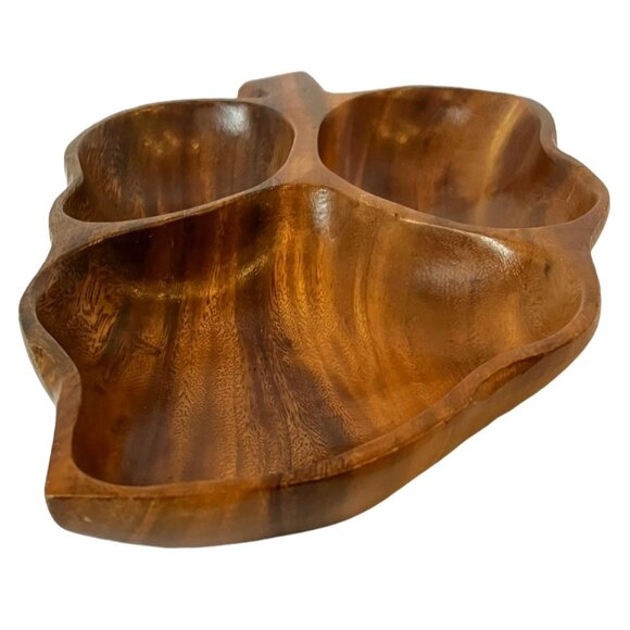 VTG Monkey Pod Wood Leaf Shaped 3 Section Divided Serving Tray/Bowls/Dish-14" - Picture 10 of 16